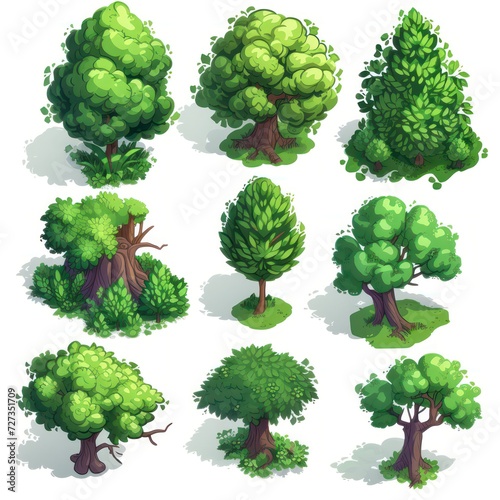 Mobile game environment asset: a set of trees in isometric view. photo