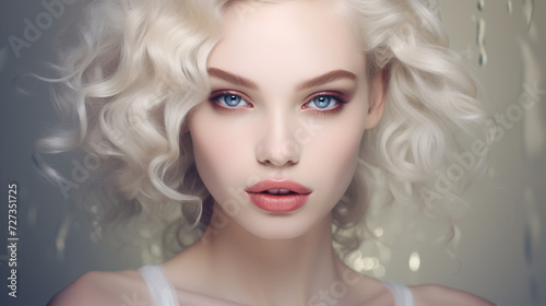 Beautiful Pretty Blonde Girl with Make up Close up Face light background