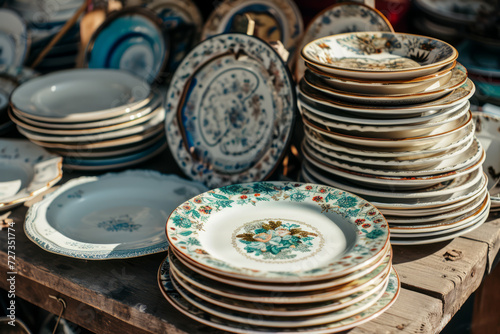 Vintage dishes, pile of old plates. Second hand household objects for sale at flea market, garage sale, thrift store, charity shop. Zero waste, sustainable lifestyle