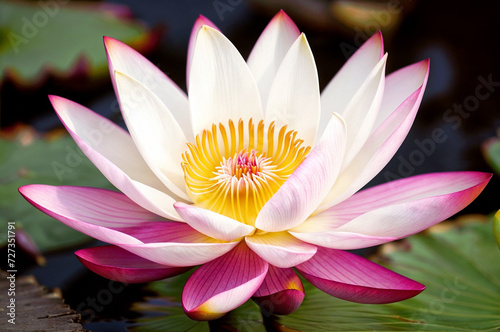 A pink lotus flower with green leaves in a pond. ai generative