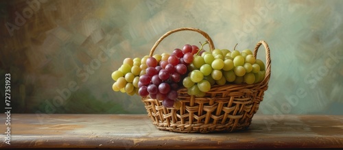 Basket holding grapes in a still-life composition. photo