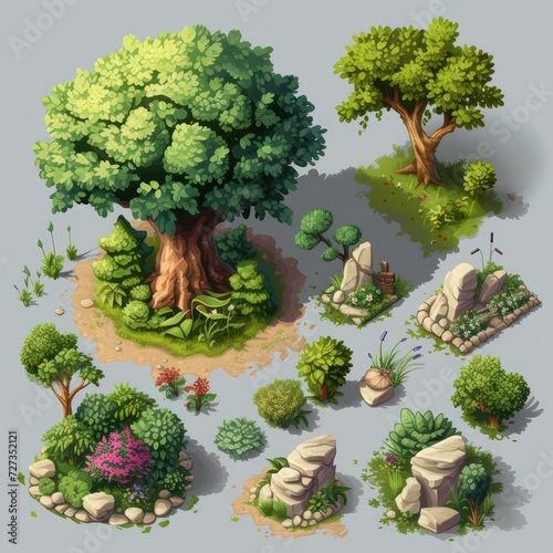 Collection of tree in isometric view , created as a mobile game environment asset photo