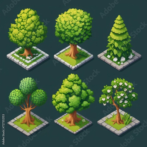 Collection of tree in isometric view , created as a mobile game environment asset photo