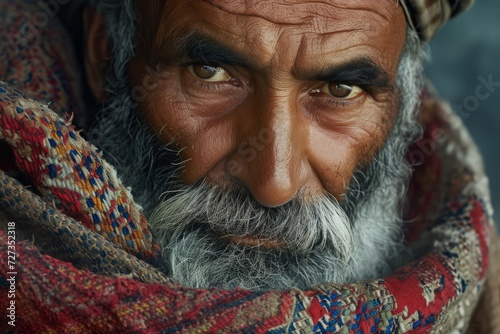 Portrait of pakistani man in national clothes close up detailed photography texture. Pakistan man. Horizontal format