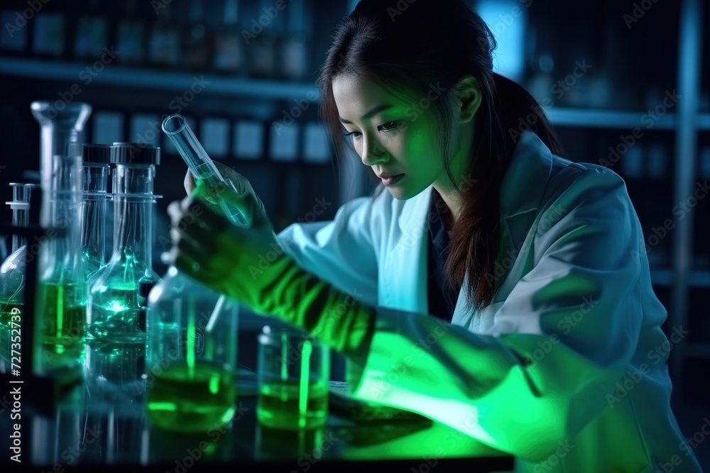 A dedicated researcher in a protective mask focuses on creating innovative drugs and vaccines in a bustling laboratory. A close-up photo captures the intensity of their work. A dedicated researcher in a protective mask focuses on creating innovative drugs and vaccines in a bustling laboratory. A close-up photo captures the intensity of their work.