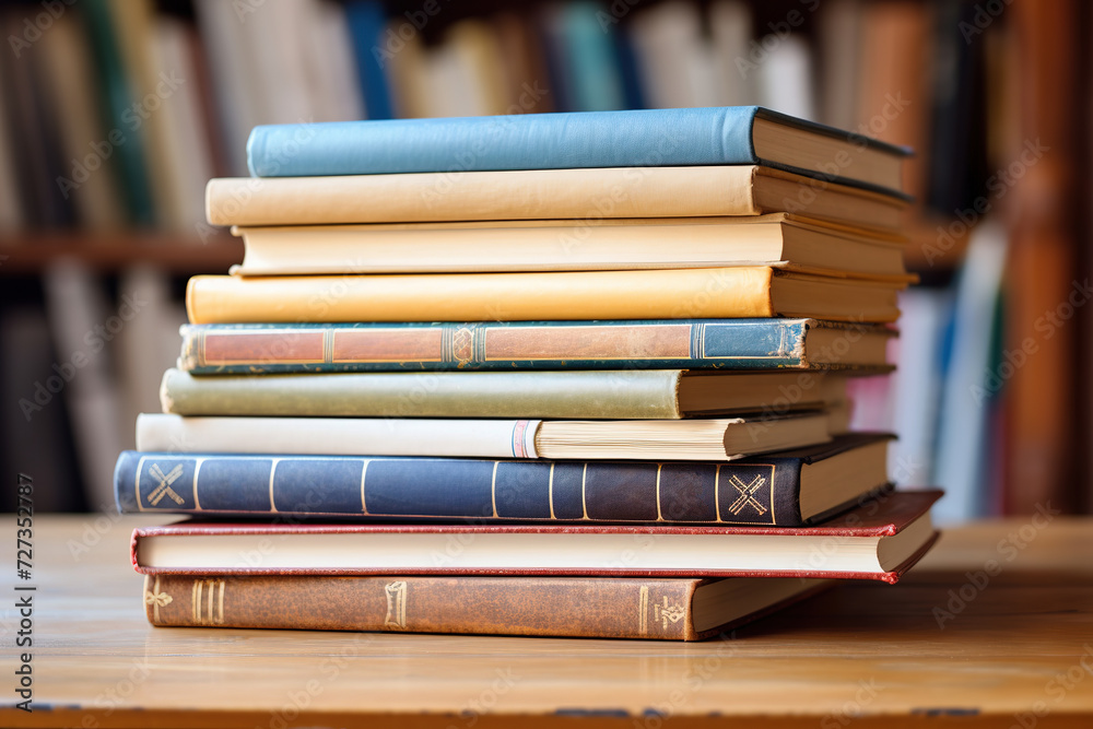 Pile of hardcover books on a table in library Pile of hardcover books on a table in library