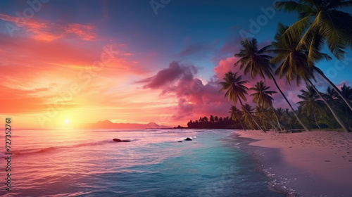 Relaxing beach with palm trees and a blue ocean at dawn or sunset. Panorama of a peaceful landscape - Generative AI
