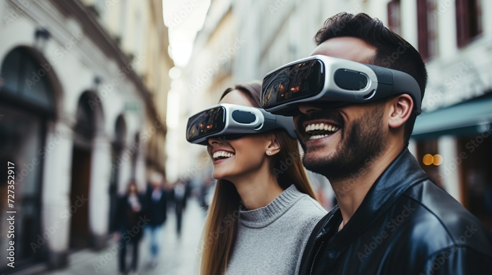 People lost in virtual worlds, strolling through the city streets with VR goggles, blurring the lines between reality and fantasy. People lost in virtual worlds, strolling through the city streets with VR goggles, blurring the lines between reality and fantasy.