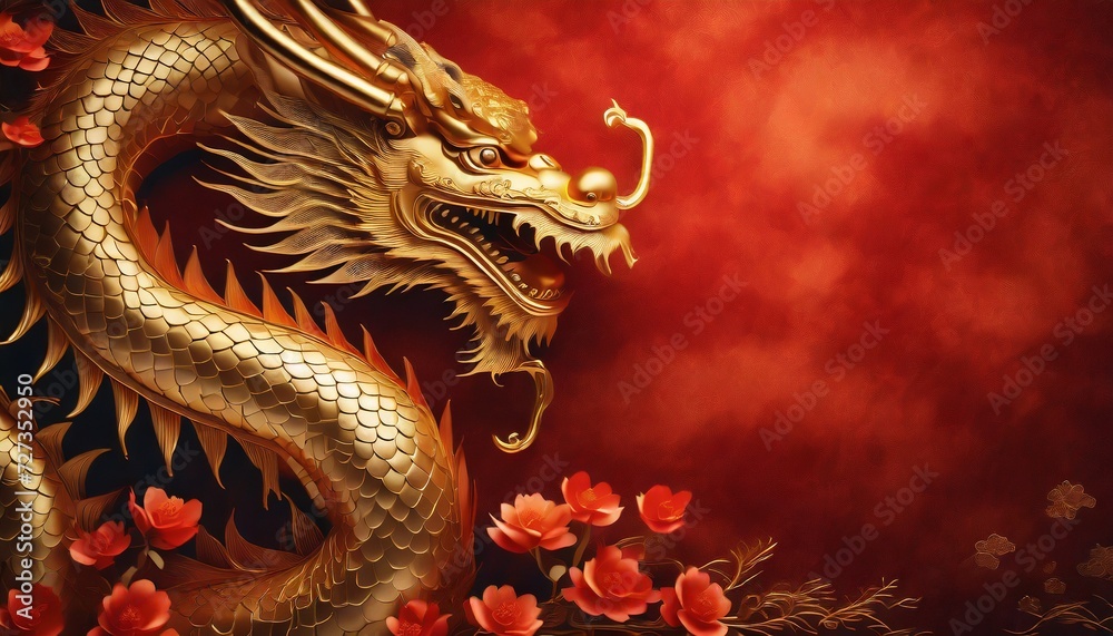 Obraz premium golden dragon on red wall