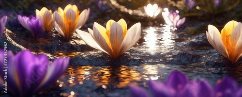 purple and yellow flowers are in the water with the sun shining