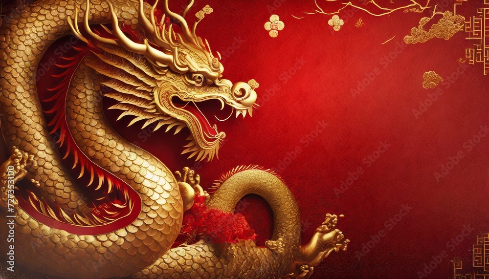 Obraz premium golden dragon on red wall