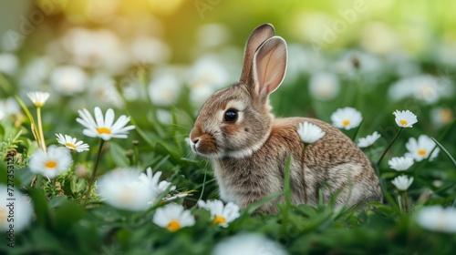 A Spring-themed Easter background featuring a bunny nestled in lush green grass among daisies.