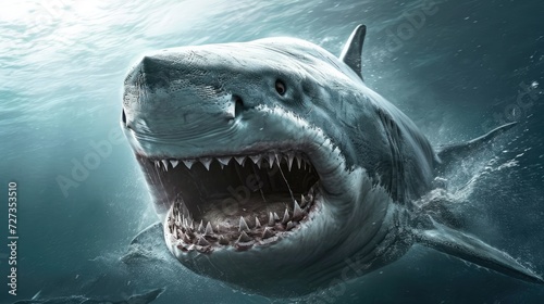 A picture of nature s raw power  a shark  its mouth agape revealing a terrifying array of teeth  on the prowl in the sea.