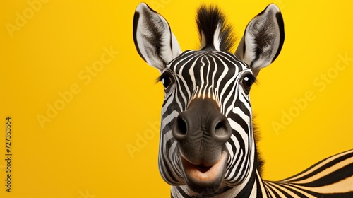 Close-up of a zebra s face on a yellow background