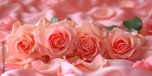 Pink roses and rose petals on soft silk  perfect for Valentine s Day  wedding  or Mother s Day.
