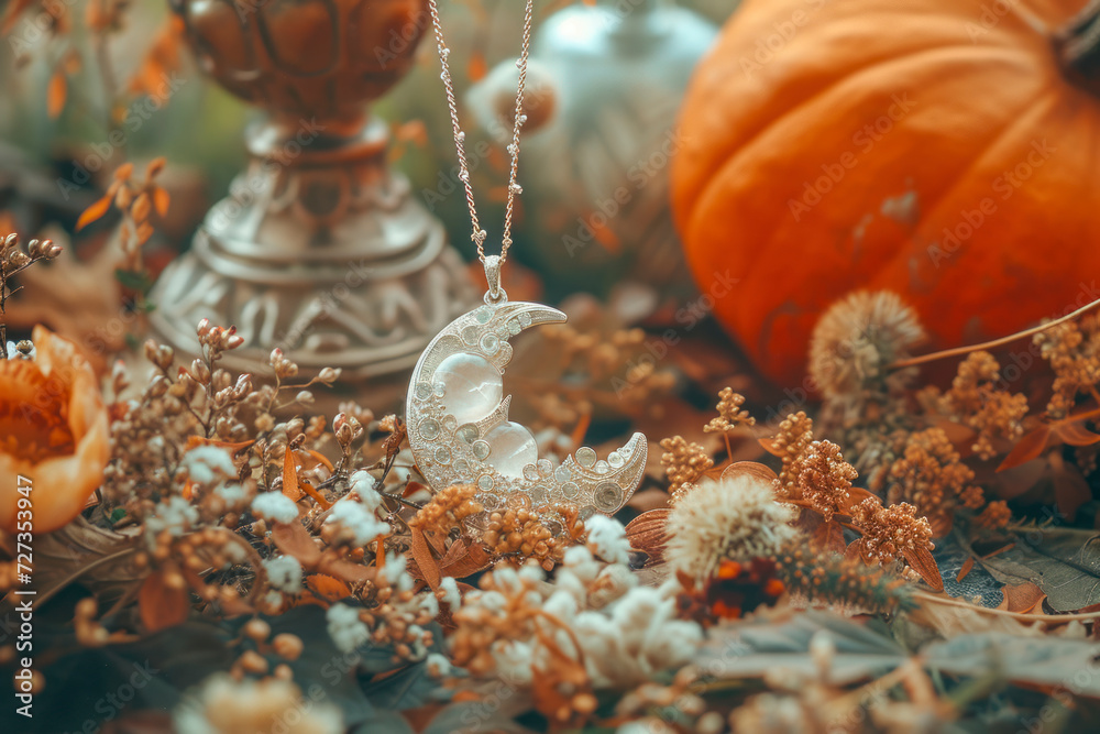 Moon amulet, crystal gemstones, Wiccan altar for Mabon sabbat. autumn equinox holiday.