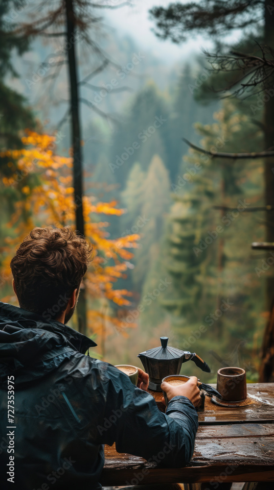 Coffee making while stopping for a break in a nature hiking spot with a forest view Coffee making while stopping for a break in a nature hiking spot with a forest view
