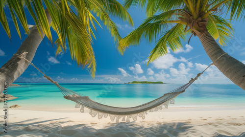 secluded paradise beach on a tropical island, hammock tied between two palm trees, clear blue sky, pristine white sand, untouched nature surrounding. Midday sun with bright, vivid color, Generative AI
