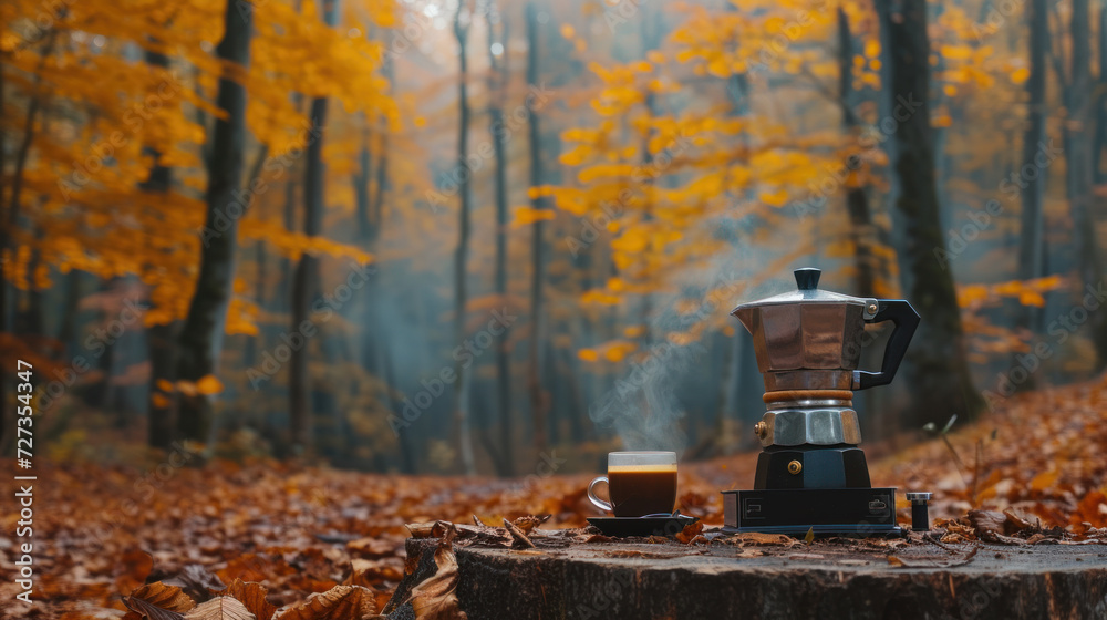Coffee making while stopping for a break in a nature hiking spot with a forest view Coffee making while stopping for a break in a nature hiking spot with a forest view