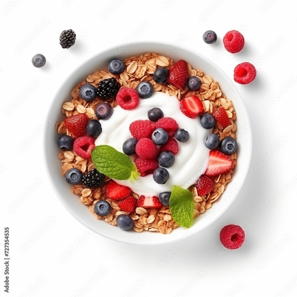 Top View of a Delicious Bowl of Granola with Yogurt and Berries on a White Background Top View of a Delicious Bowl of Granola with Yogurt and Berries on a White Background