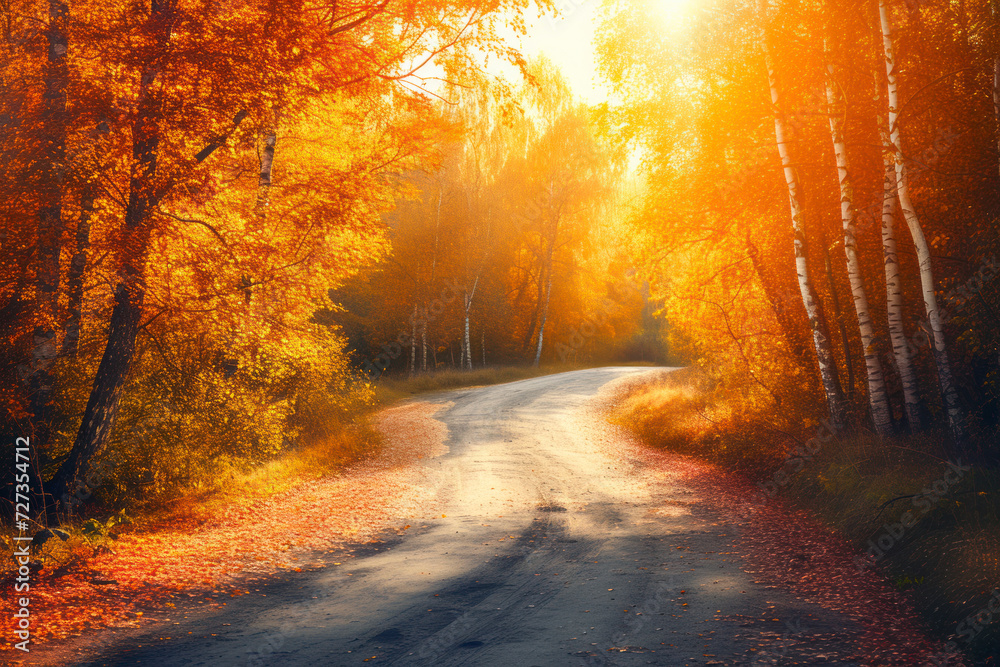Autumn, fall scene. Autumnal landscape with empty countryside road and colored trees. Sun shining through the trees.