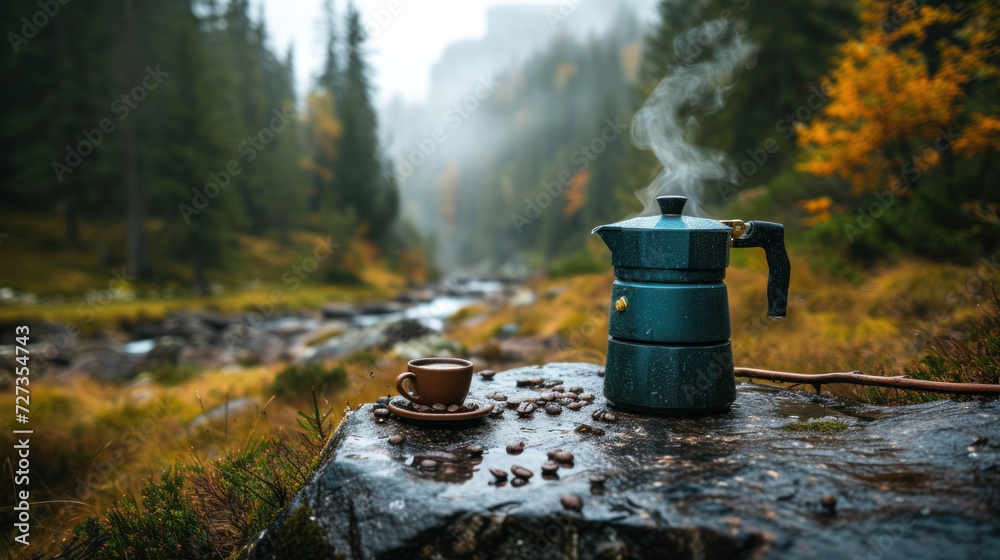 Coffee making while stopping for a break in a nature hiking spot with a forest view Coffee making while stopping for a break in a nature hiking spot with a forest view