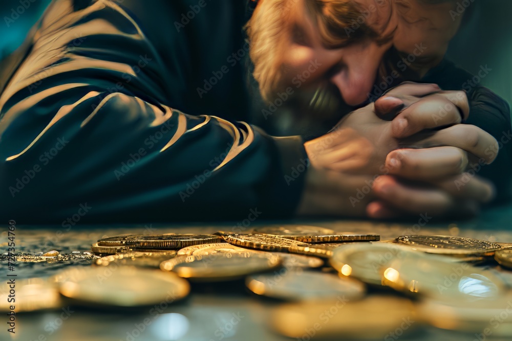 Person overwhelmed amidst scattered coins, conveying financial stress or despair, ideal for economic themes. - obrazy, fototapety, plakaty 