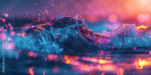 Neon wave with dark background. Generate AI image © Ghiska