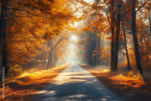 Autumn, fall scene. Autumnal landscape with empty countryside road and colored trees. Sun shining through the trees.