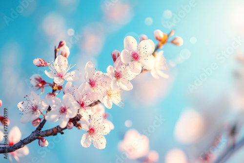 Blossoming tree branch on blue sky background. Spring equinox concept.