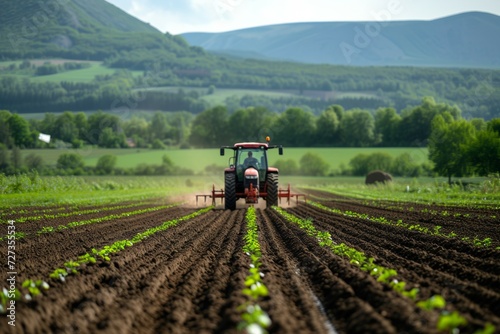 Agricultural field with tractor in out of focus. Background with selective focus and copy space