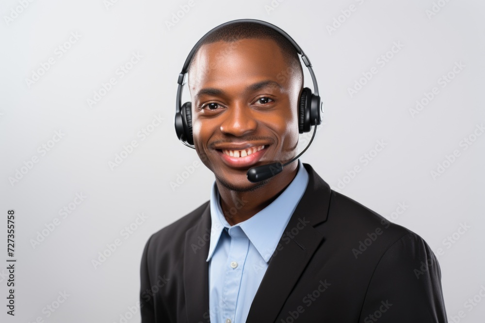 In a sleek office setting, an African American man exudes confidence in a shirt, jacket, and earpiece, smiling warmly, projecting professionalism and positivity. In a sleek office setting, an African American man exudes confidence in a shirt, jacket, and earpiece, smiling warmly, projecting professionalism and positivity.