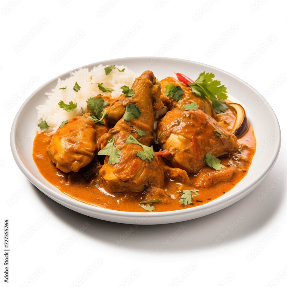 Side View of a Delicious Plate of Chicken Curry on a White Background Side View of a Delicious Plate of Chicken Curry on a White Background