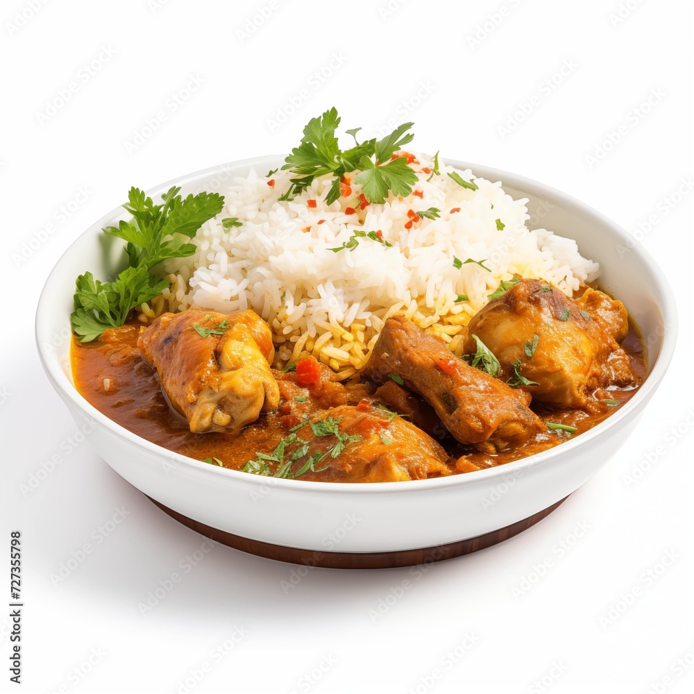 Side View of a Delicious Plate of Chicken Curry on a White Background Side View of a Delicious Plate of Chicken Curry on a White Background