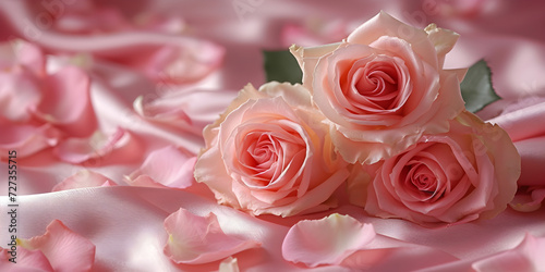 Pink roses and rose petals on soft silk  perfect for Valentine s Day  wedding  or Mother s Day celebrations.