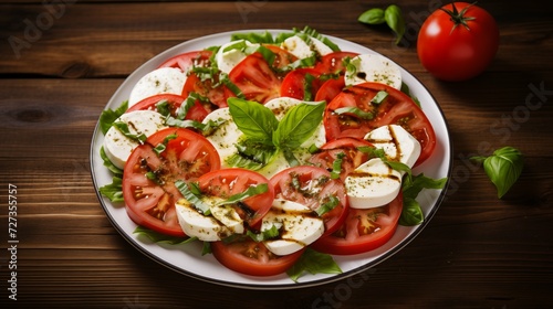 Photo of a Delicious Plate of Caprese Salad on a Wooden Table