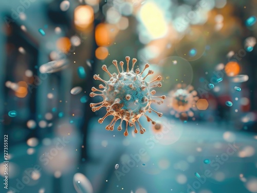 Airborne viral disease particles dispersing in the air a blurred background of a typical urban environment. The invisible threat of airborne diseases in everyday life. AI photo