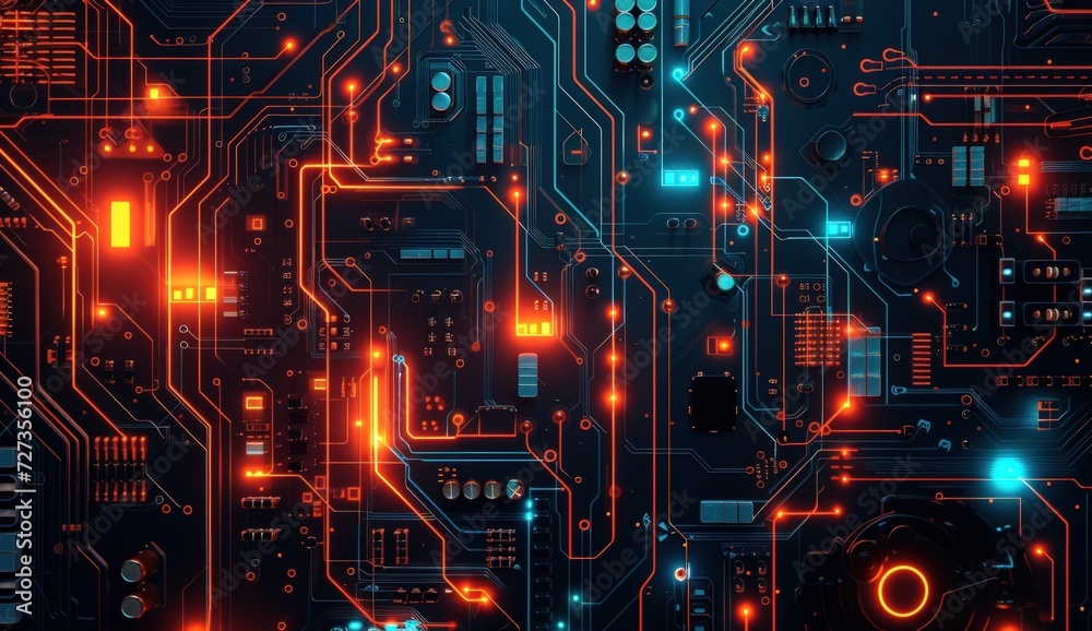 Technological background on circuit board or computer motherboard. Generate AI image