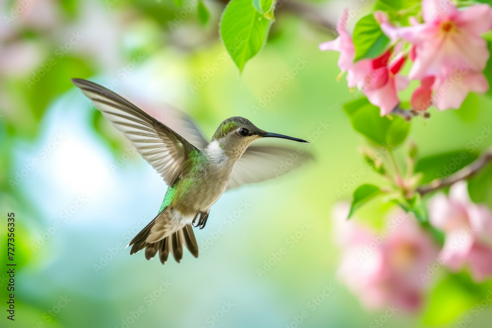 Hummingbirds in spring nature. Background with selective focus and copy space Hummingbirds in spring nature. Background with selective focus and copy space