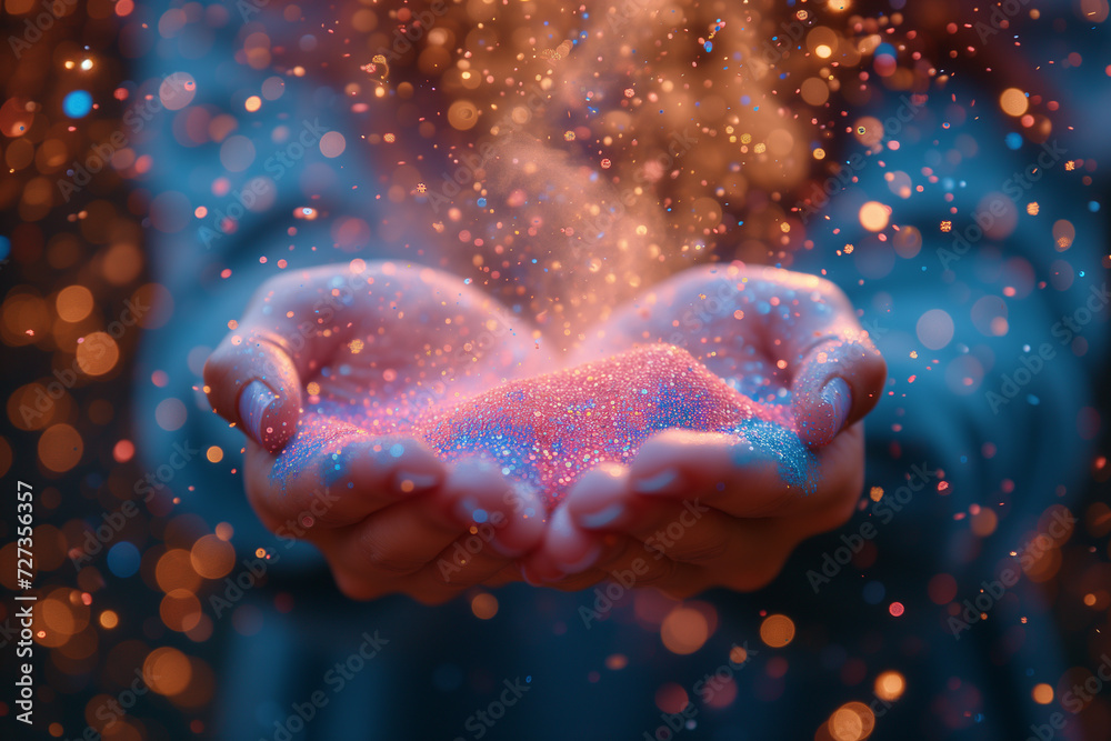 Close-up of hands blowing off glitter and confetti Close-up of hands blowing off glitter and confetti