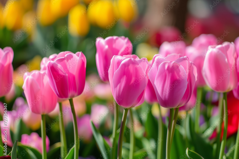 Spring tulips of the same color. Background with selective focus and copy space Spring tulips of the same color. Background with selective focus and copy space