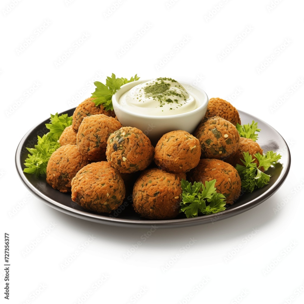 Photo of a Delicious Plate of Falafels with Tahini on a White Background Photo of a Delicious Plate of Falafels with Tahini on a White Background