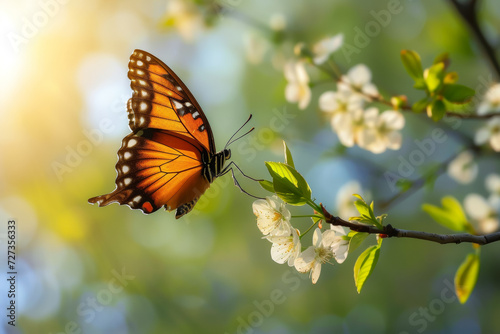 Butterfly on spring blooming fruit trees. Background with selective focus and copy space © top images