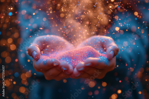 Close-up of hands blowing off glitter and confetti