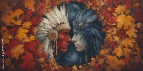 portrait of two Native American Indians wearing traditional regalia looking at each other