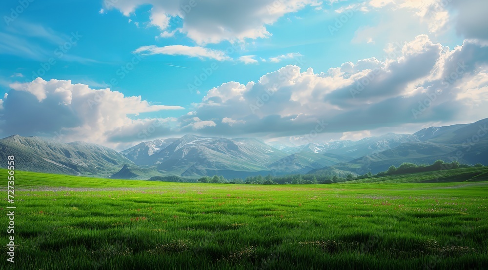 Green Field with Mountains and Sky in the Style of [Specify the Style]

