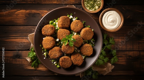 Top View of a Delicious Plate of Falafels on a Wooden Table