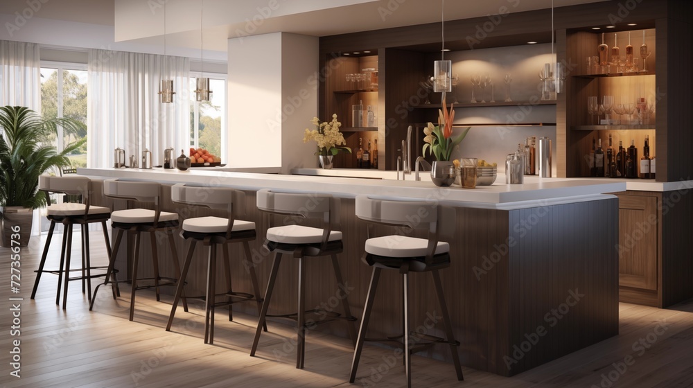 Incorporate a bar counter with comfortable barstools for a sleek and inviting entertaining spacear