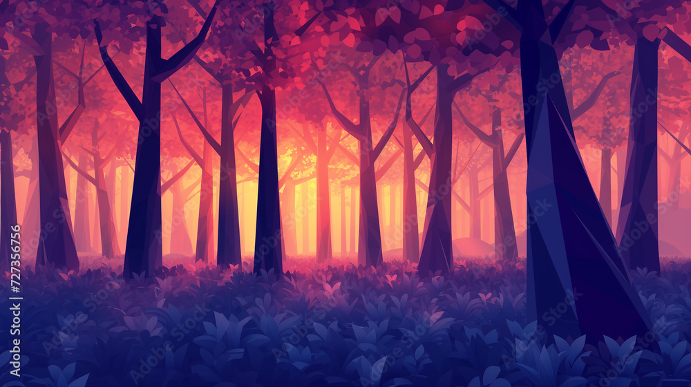 Abstract forest scene with stylized, geometric trees and a gradient of magical, twilight colors