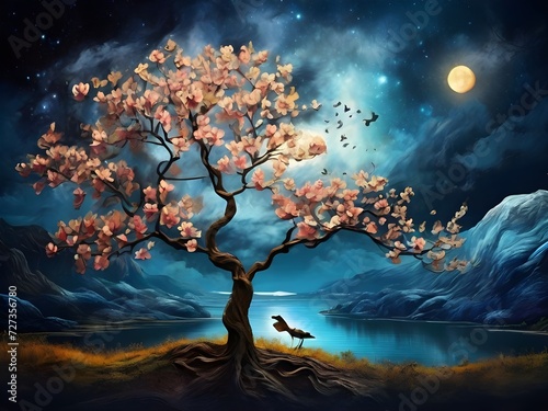 a tree Van Gogh art style  nightly sky